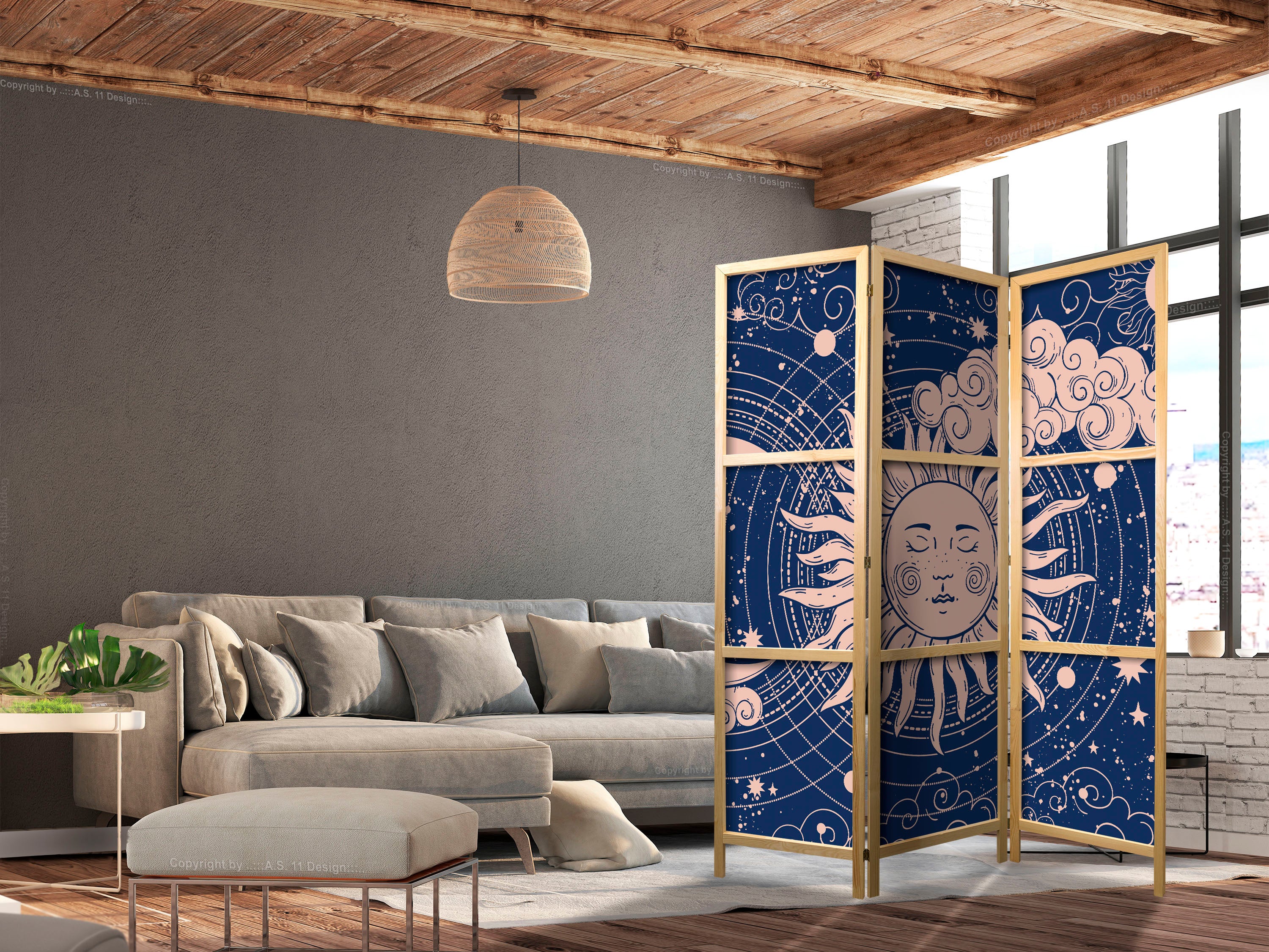 Japanese Room Divider - Cosmic Harmony with Sun & Moon Illustration on Navy