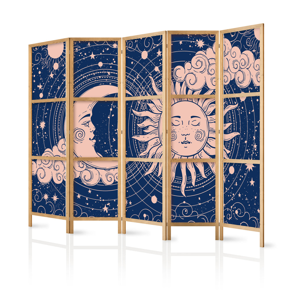 Japanese Room Divider - Cosmic Harmony: Sun & Moon on Navy