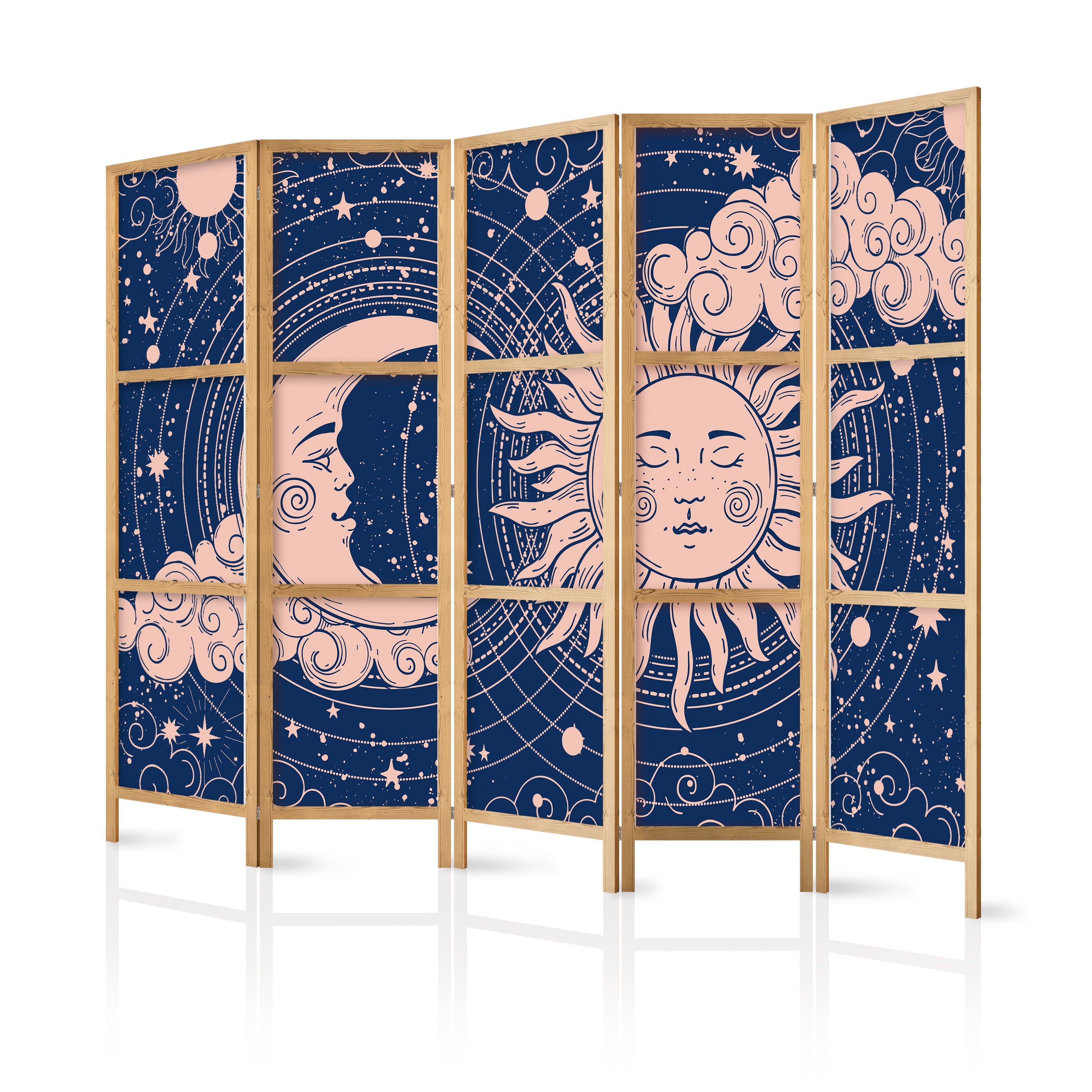 Japanese Room Divider - Cosmic Harmony: Sun & Moon on Navy