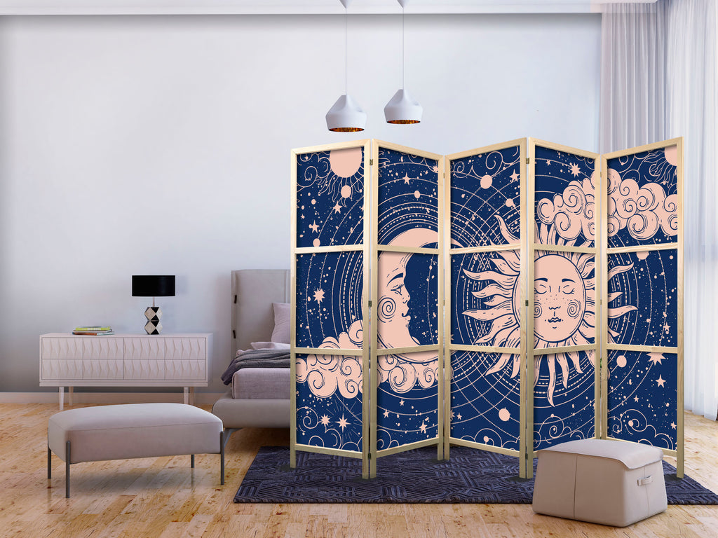 Japanese Room Divider - Cosmic Harmony: Sun & Moon on Navy