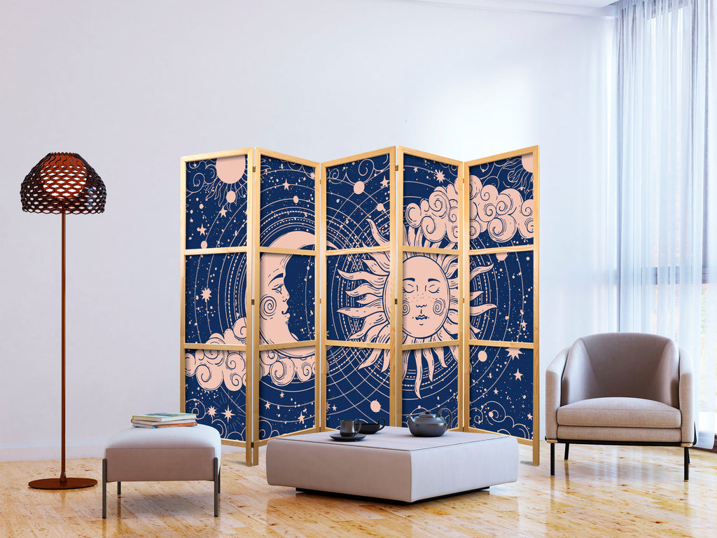 Japanese Room Divider - Cosmic Harmony: Sun & Moon on Navy