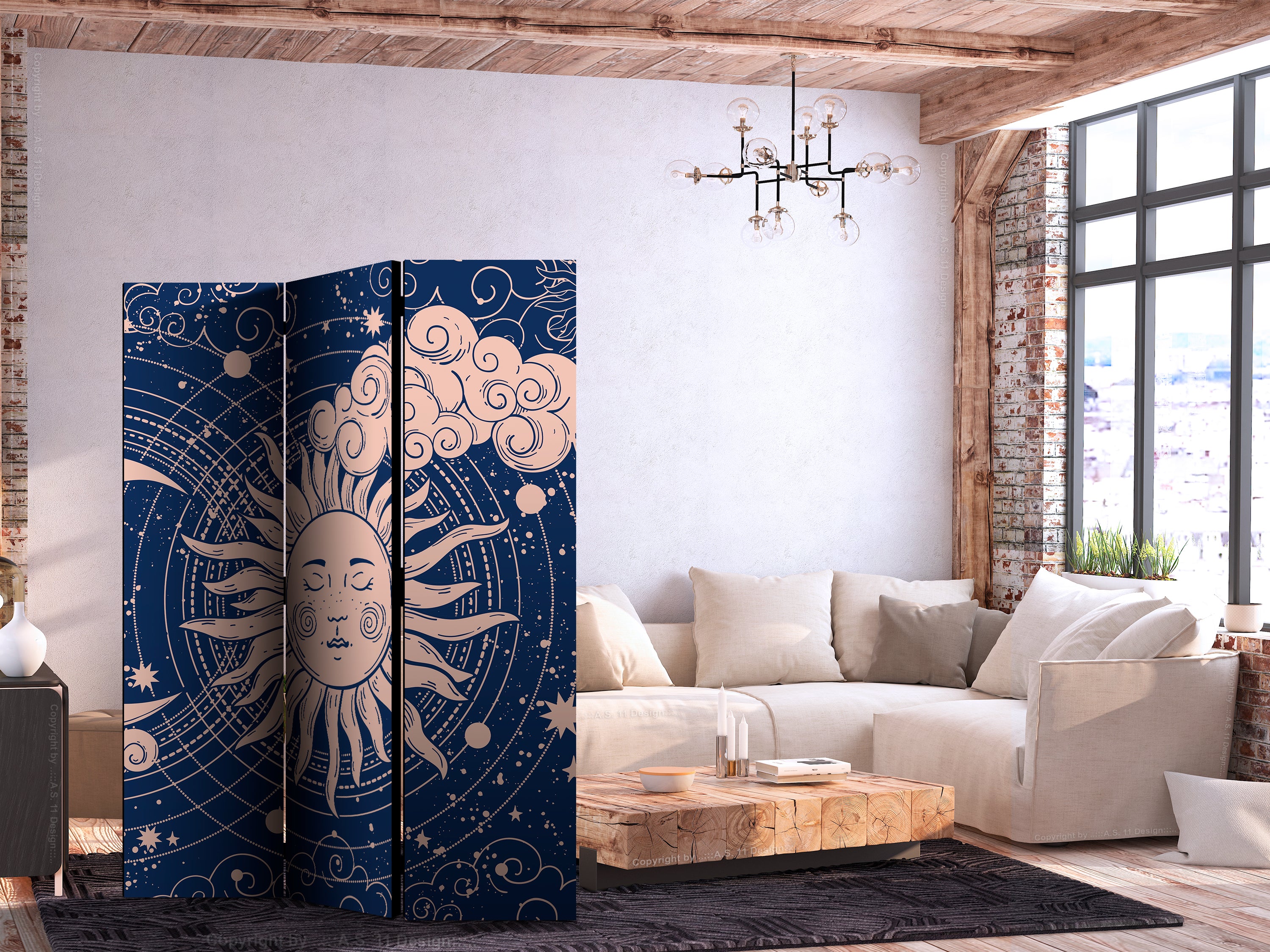 Room Divider Cosmic Harmony Sun and Moon Navy