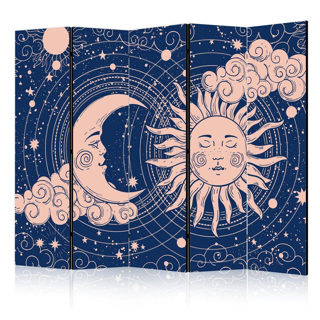 Room Divider Cosmic Harmony: Sun & Moon on Navy Background
