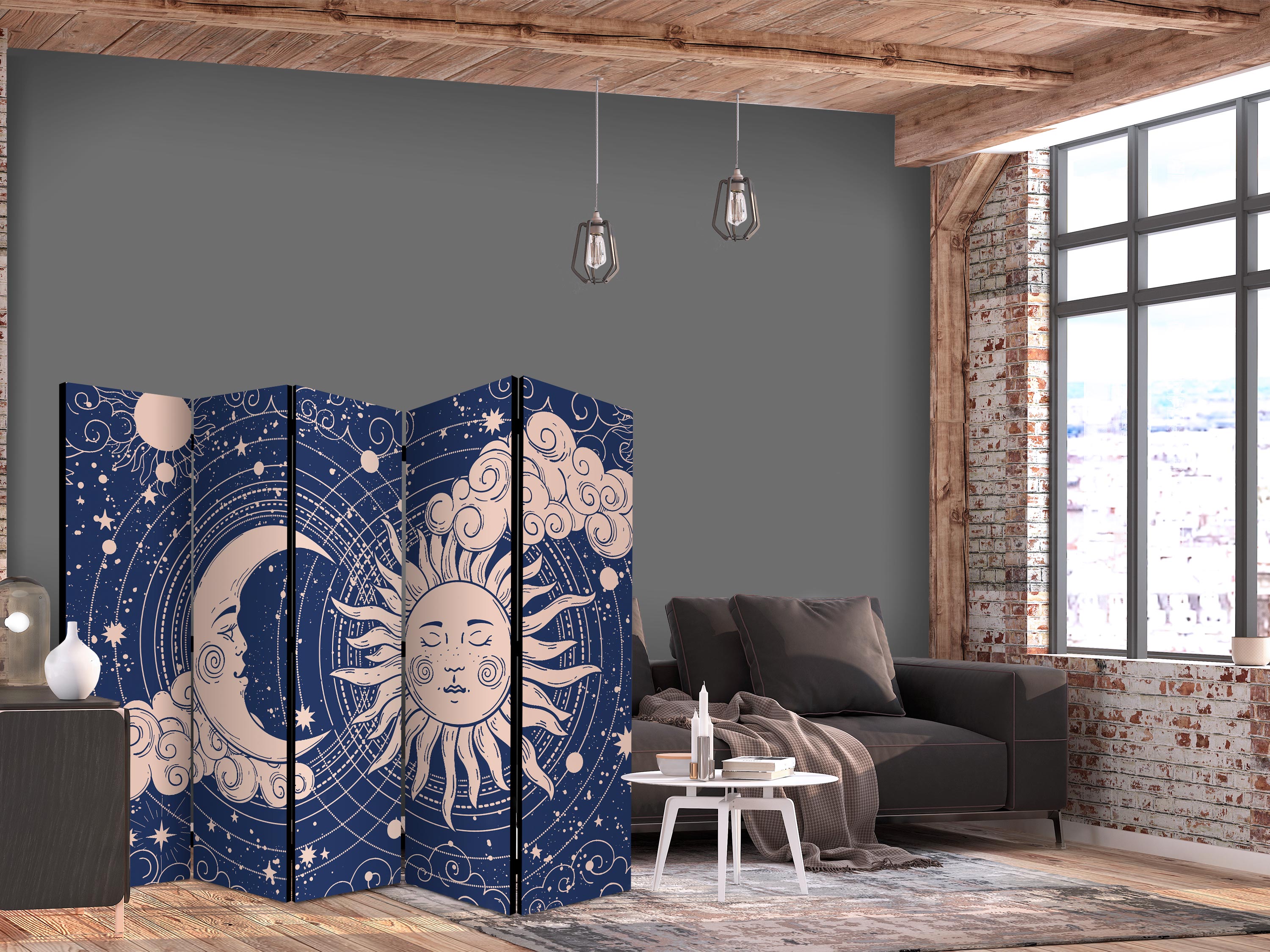 Room Divider Cosmic Harmony: Sun & Moon on Navy Background