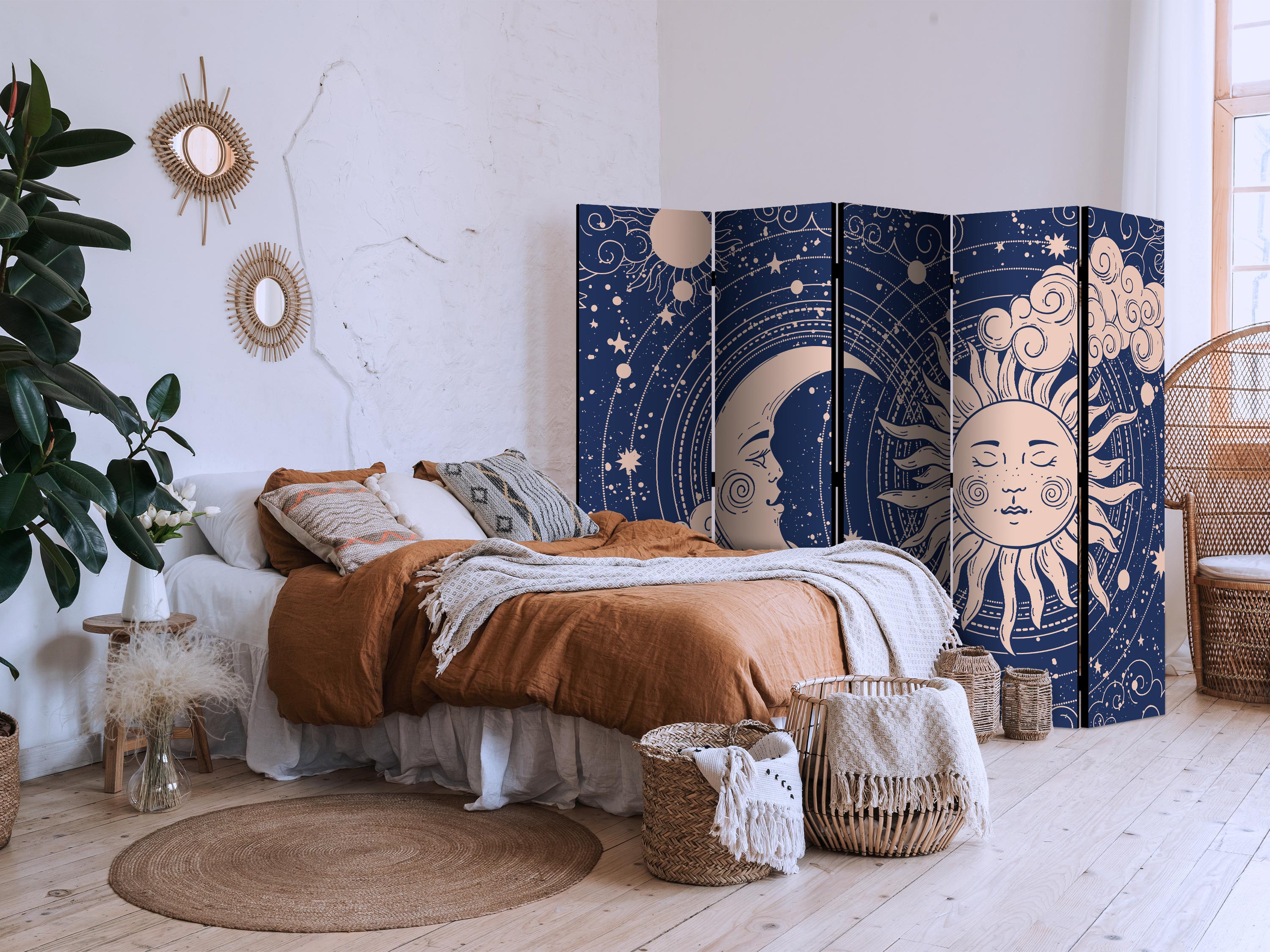 Room Divider Cosmic Harmony: Sun & Moon on Navy Background
