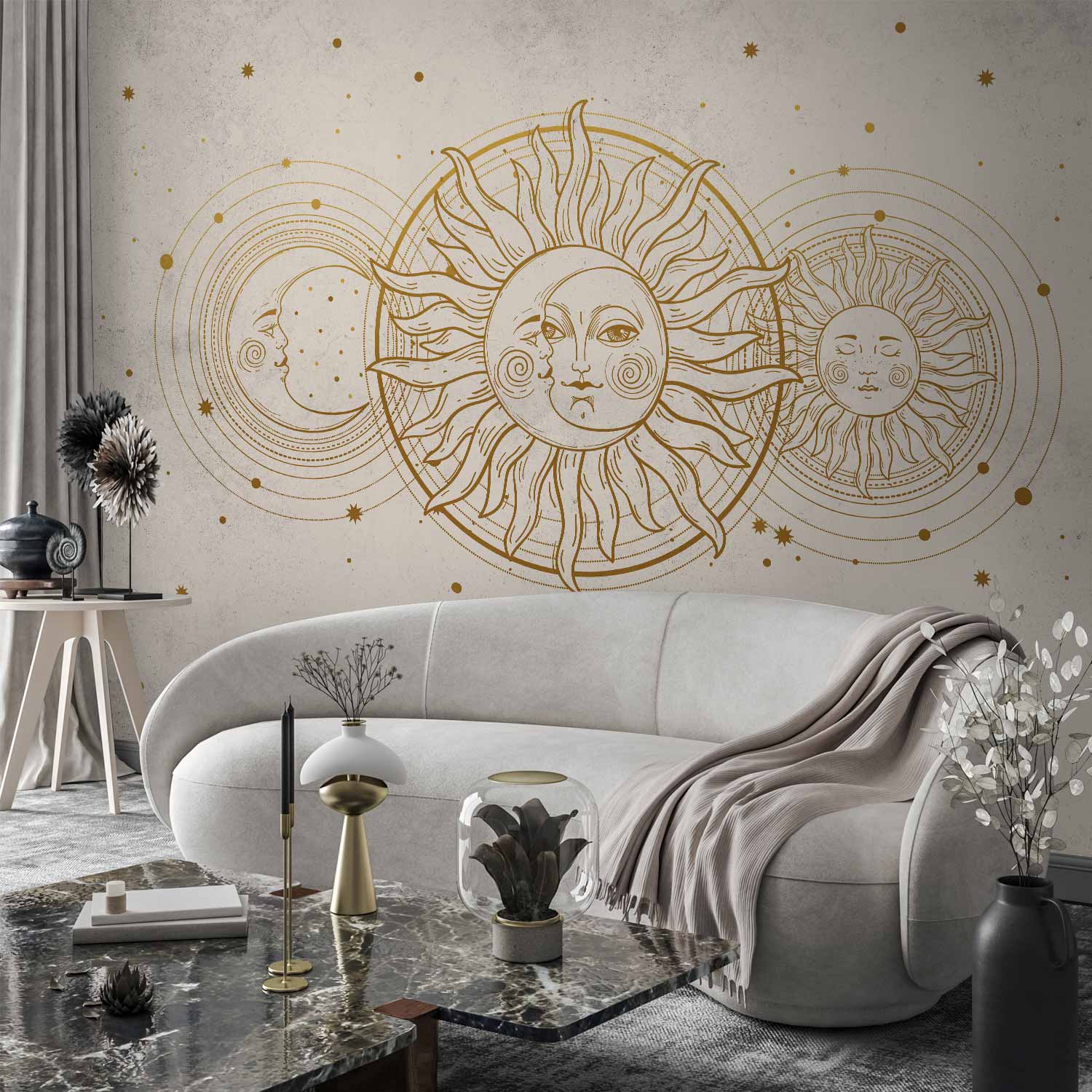 Wall Mural Golden Sun and Moon - Retro Style Artwork