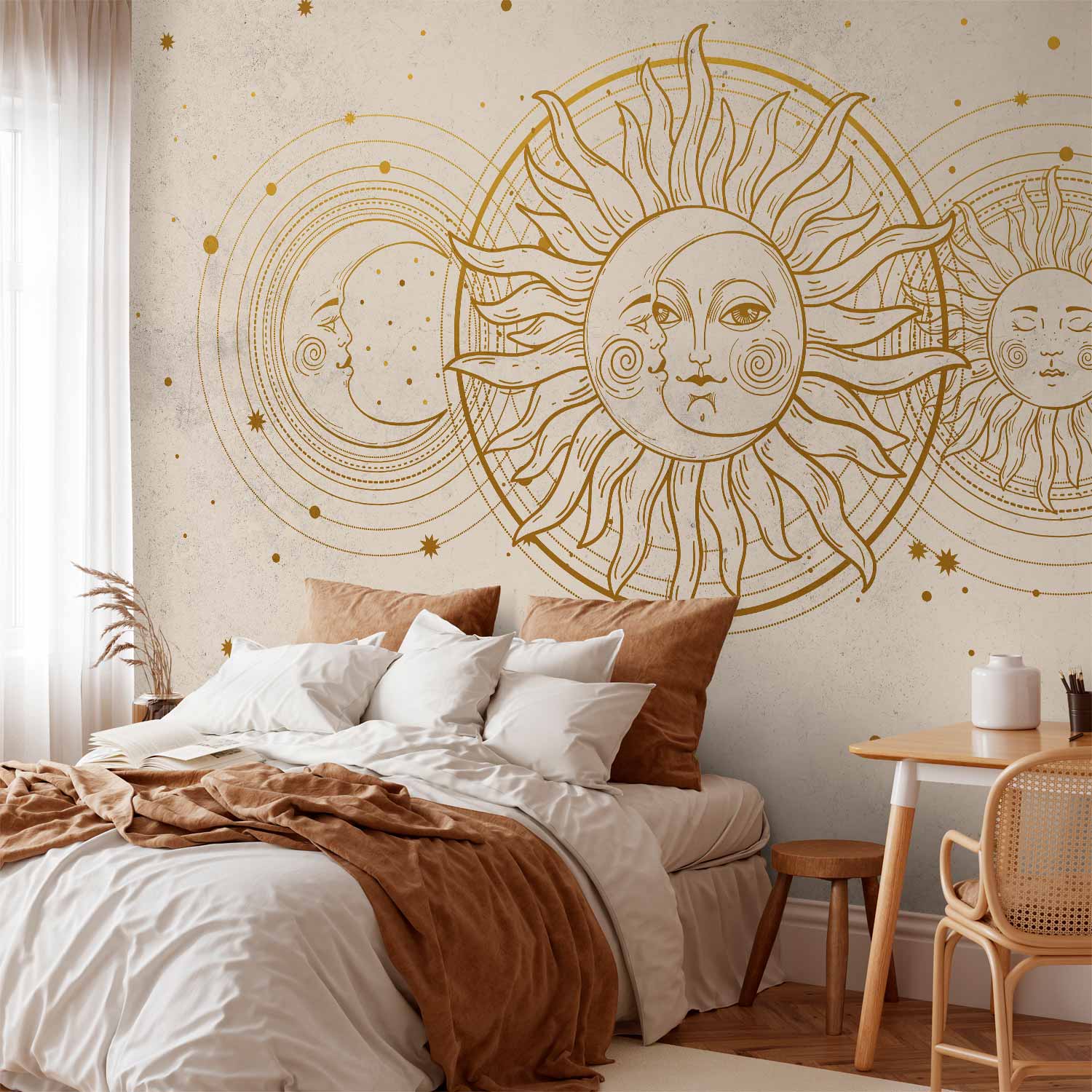 Golden Sun and Moon Retro Wall Mural