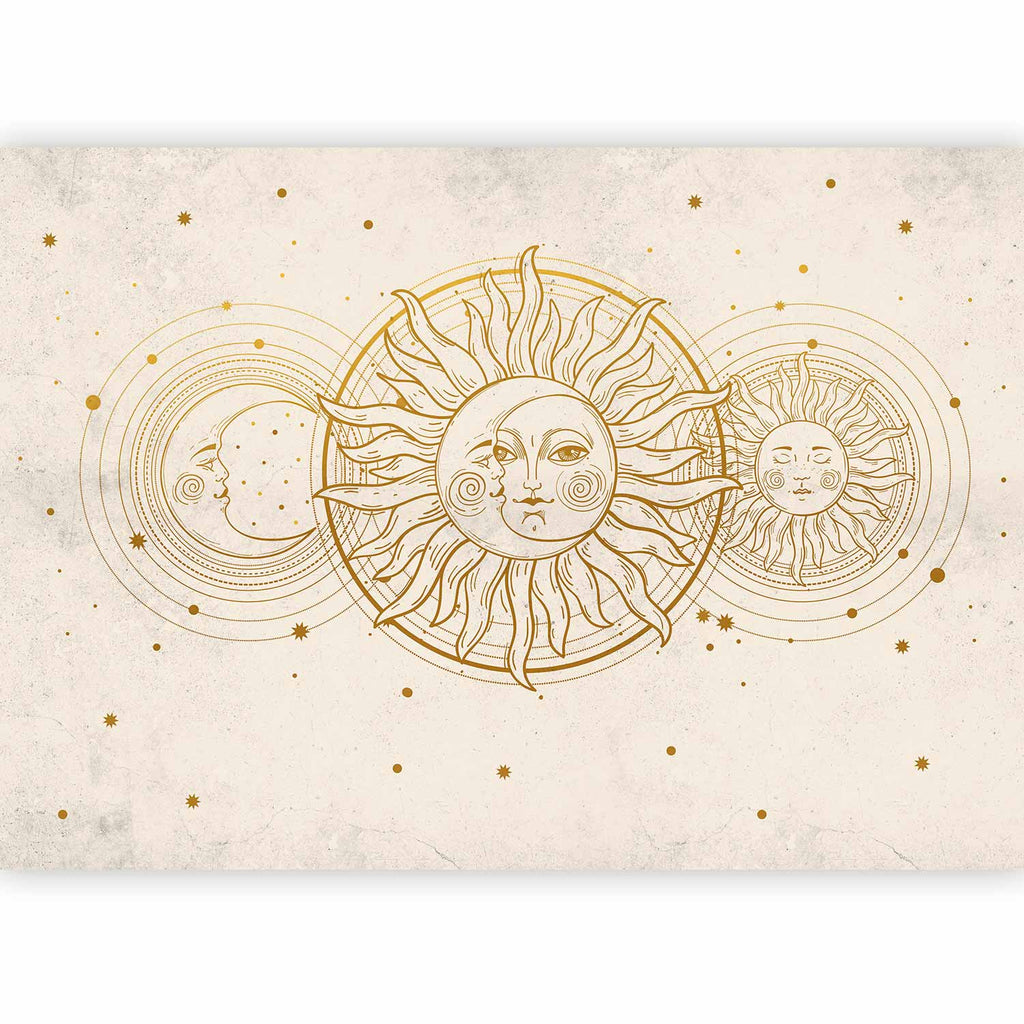 Wandbild „Goldene Sonne und Mond“ – Kunstwerk im Retro-Stil