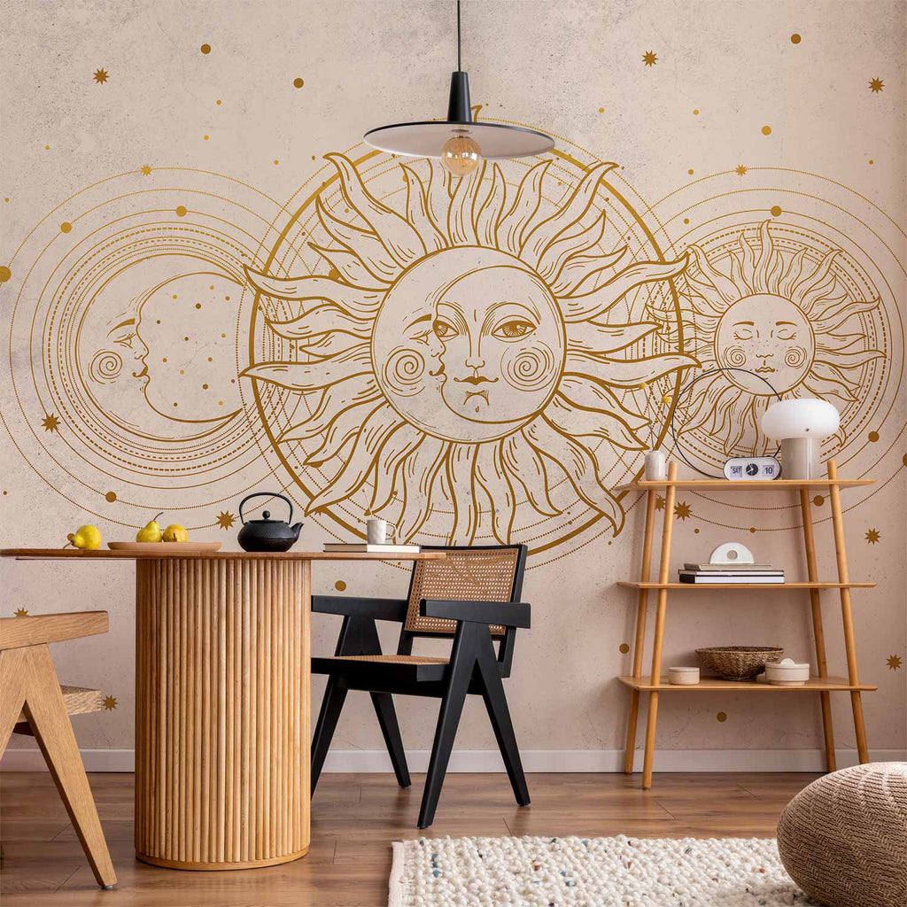 Wandbild „Goldene Sonne und Mond“ – Kunstwerk im Retro-Stil
