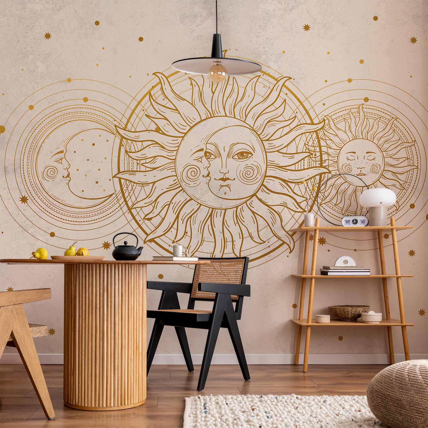 Wall Mural Golden Sun and Moon - Retro Style Artwork