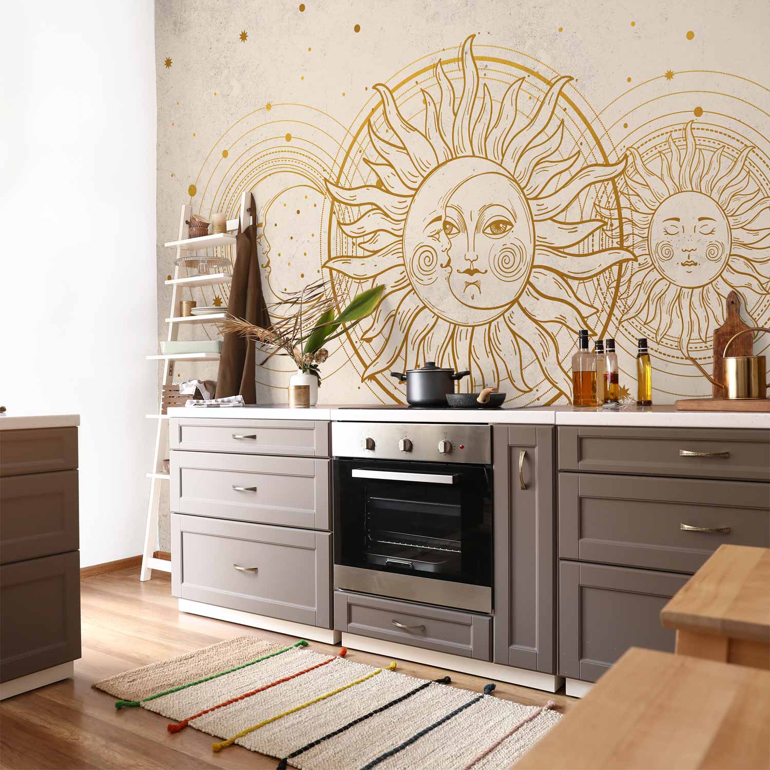Golden Sun and Moon Retro Wall Mural