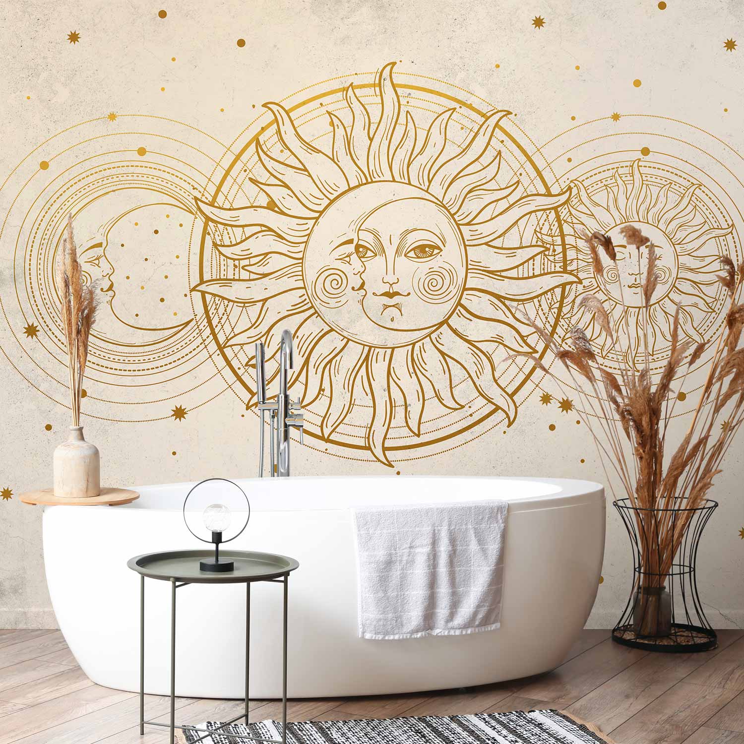 Golden Sun and Moon Retro Wall Mural