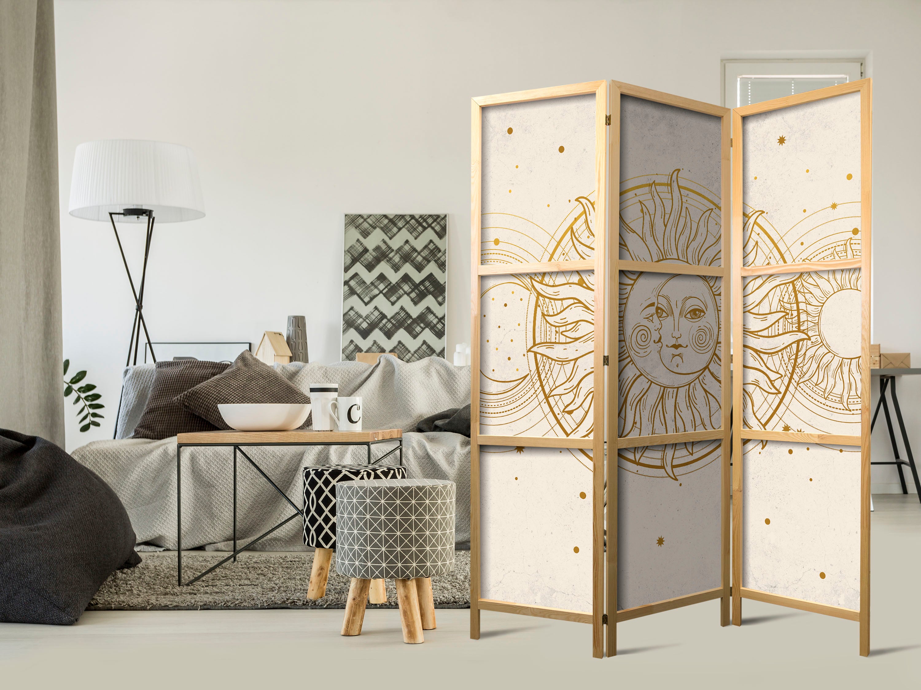 Japanese Room Divider - Golden Sun and Moon, Retro Style