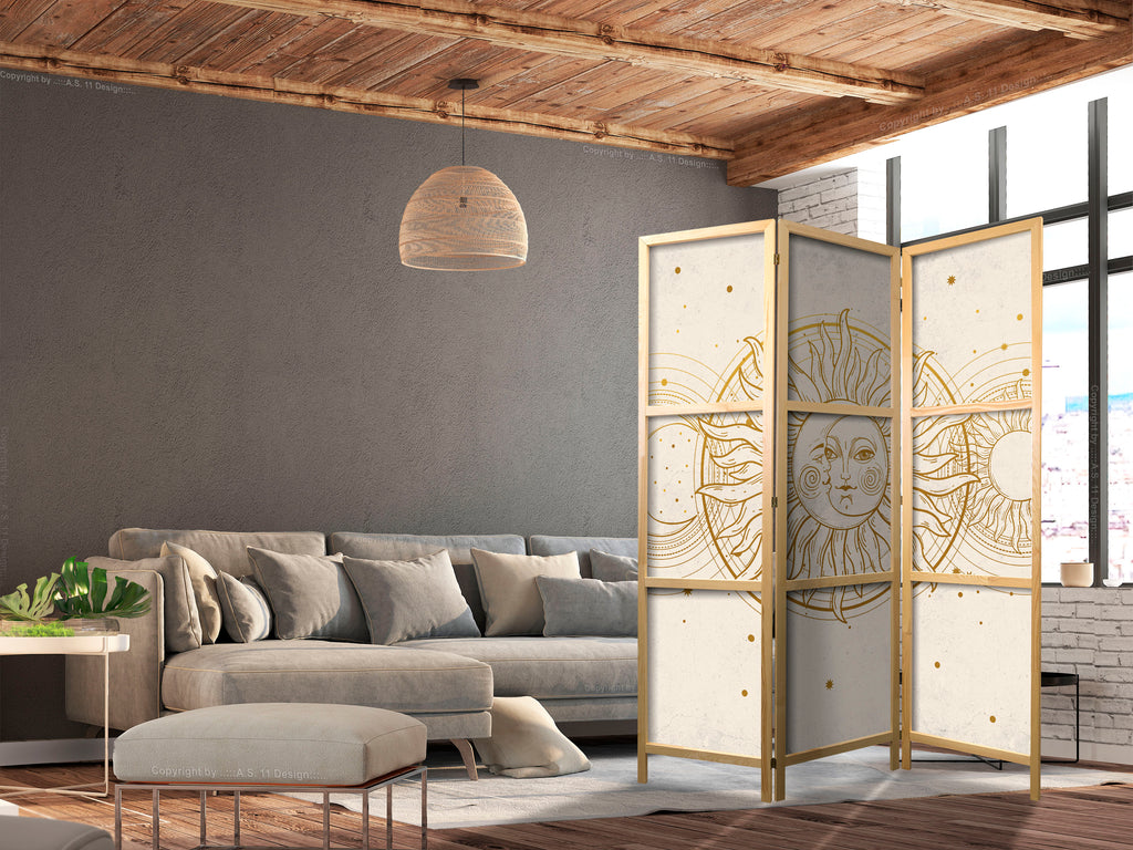 Japanese Room Divider - Golden Sun and Moon, Retro Style