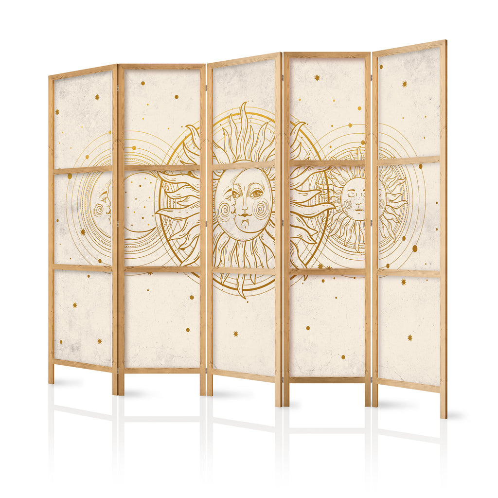 Japanese Room Divider - Golden Sun and Moon - Artistic Illustration in Retro Style