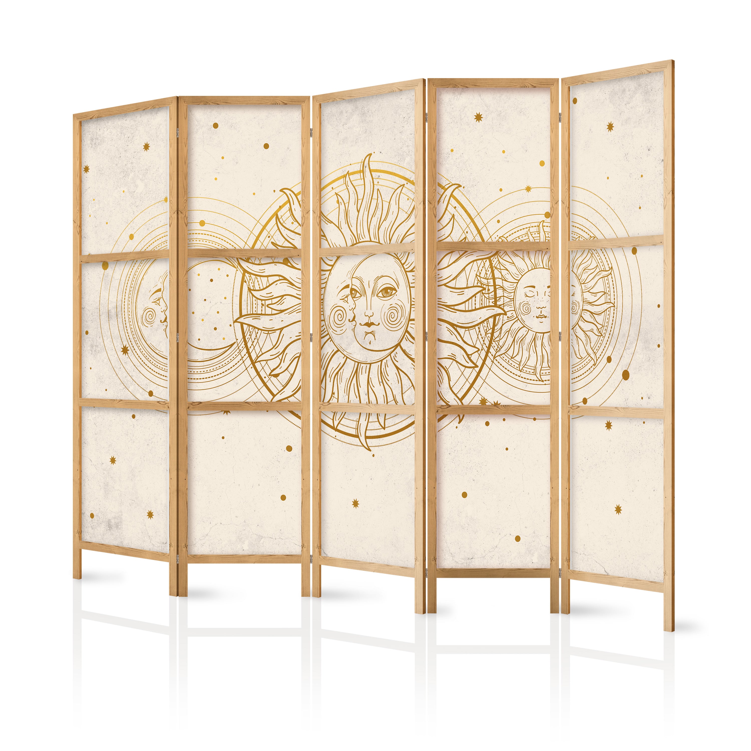 Japanese Room Divider - Golden Sun and Moon - Artistic Illustration in Retro Style