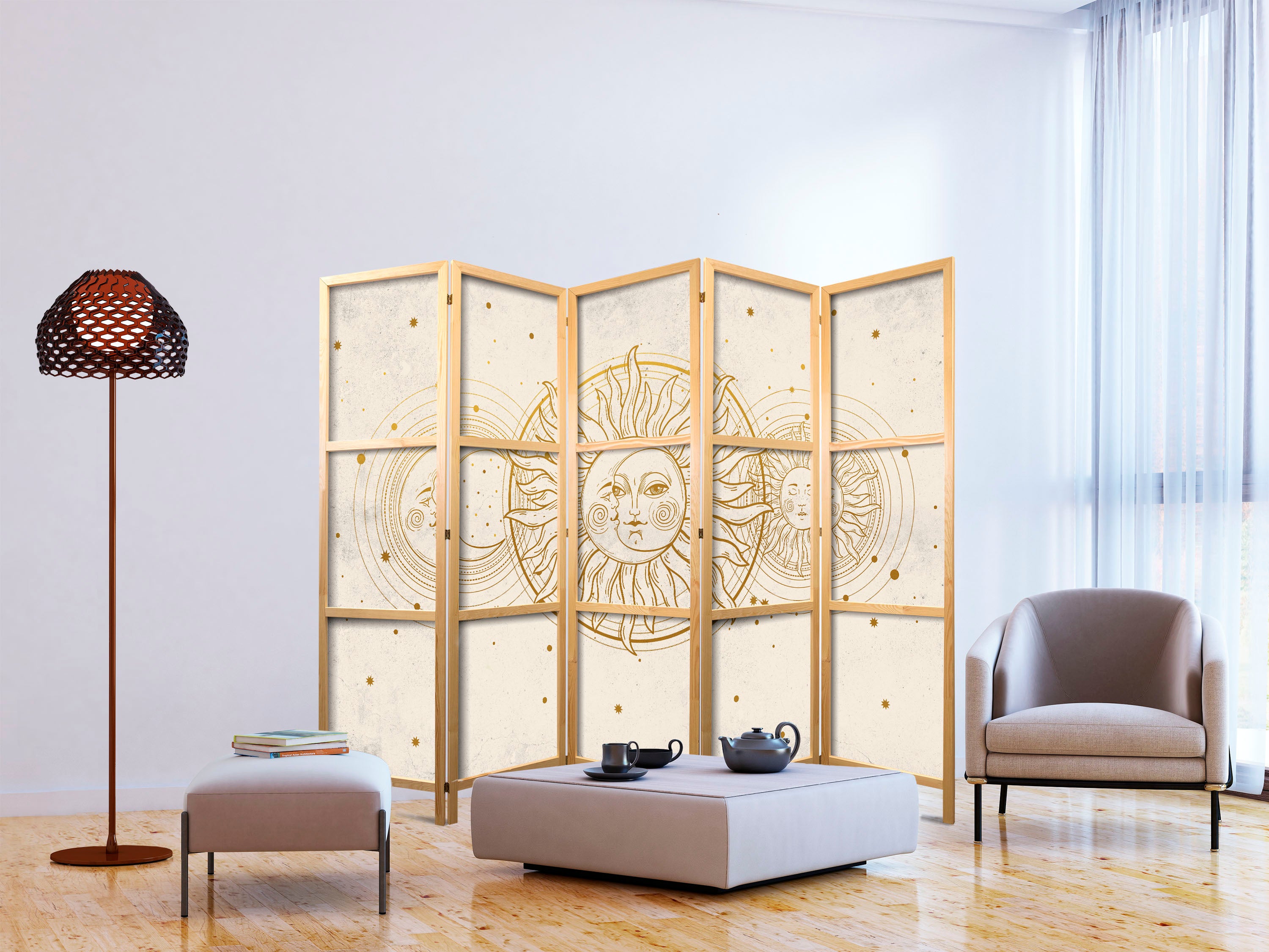 Japanese Room Divider - Golden Sun and Moon - Artistic Illustration in Retro Style