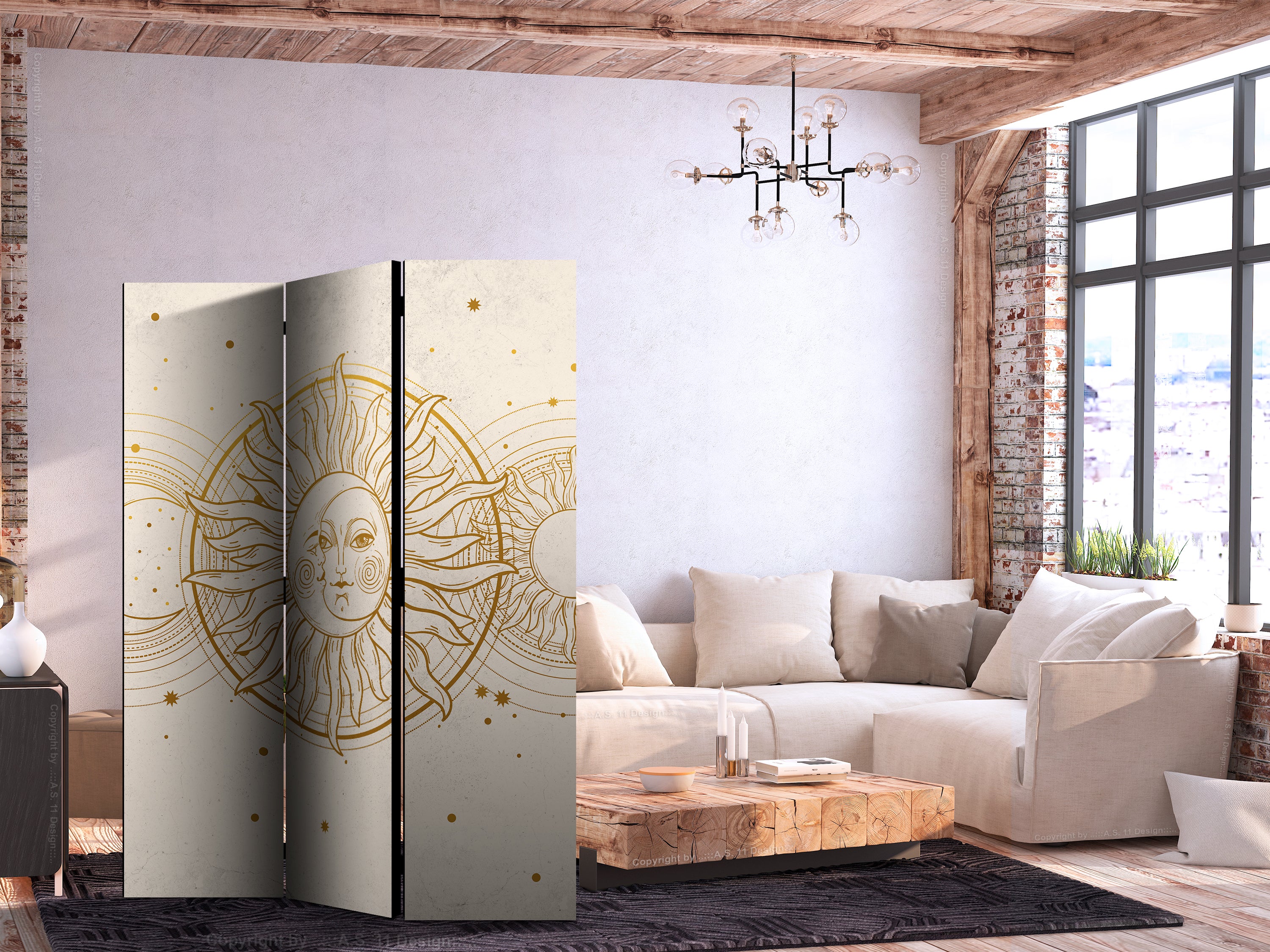 Room Divider - Golden Sun and Moon - Artistic Retro Style