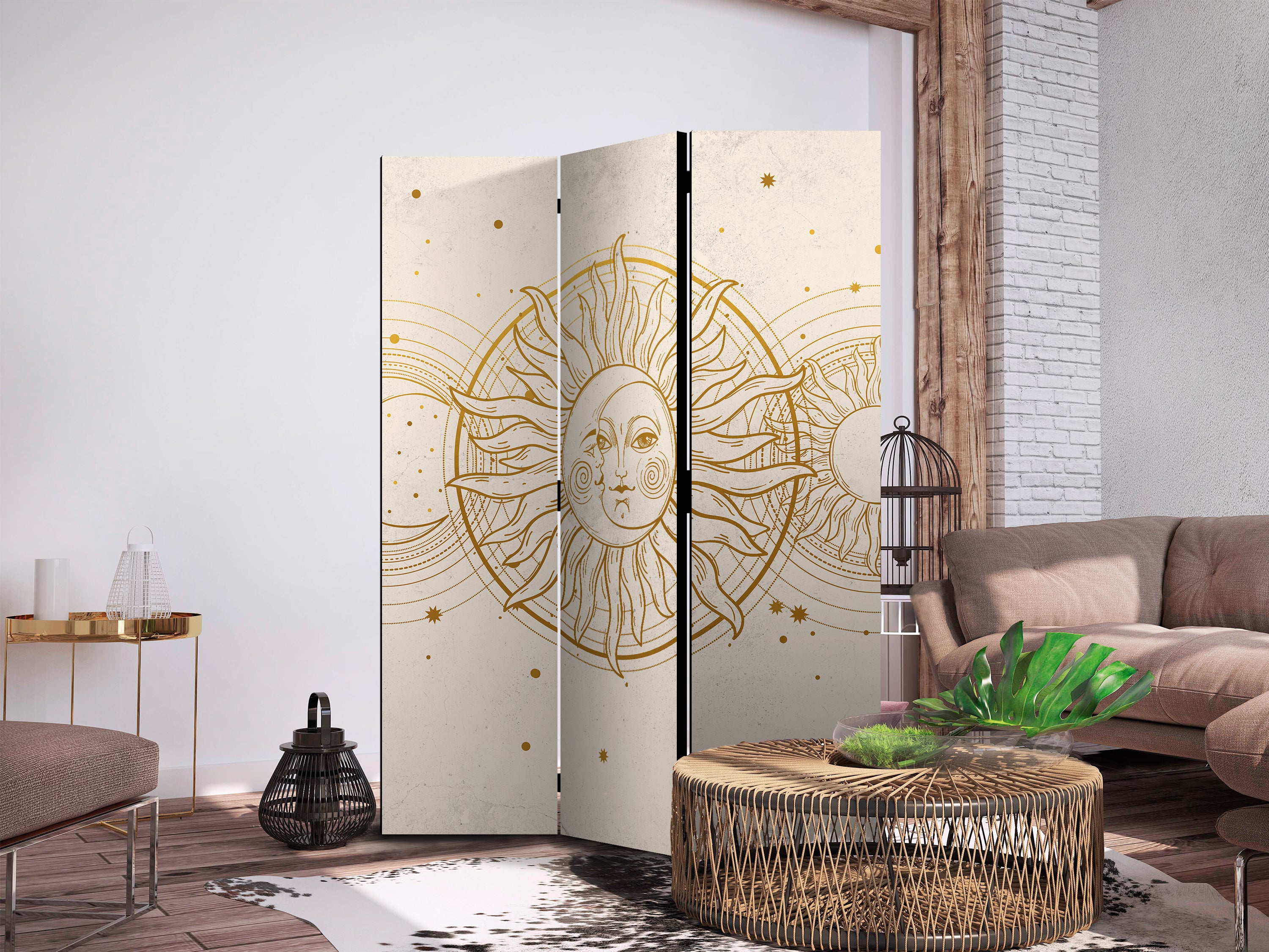 Room Divider - Golden Sun and Moon - Artistic Retro Style