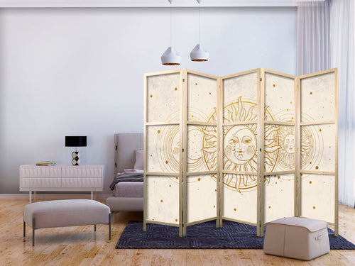 Golden Sun and Moon Retro 5-Panel Room Divider