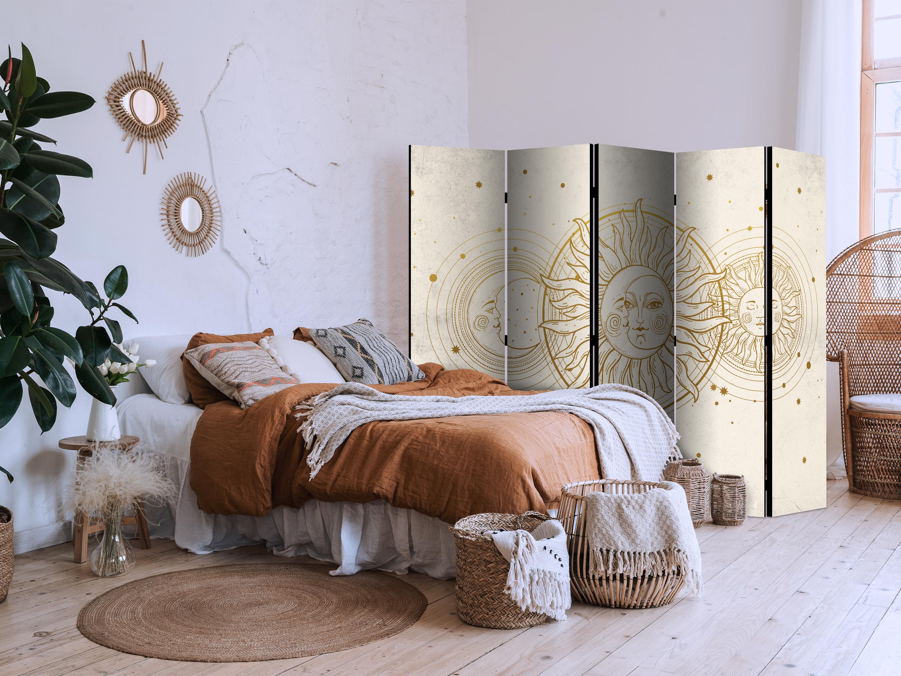 Room Divider - Golden Sun and Moon - Artistic Retro Style Illustration