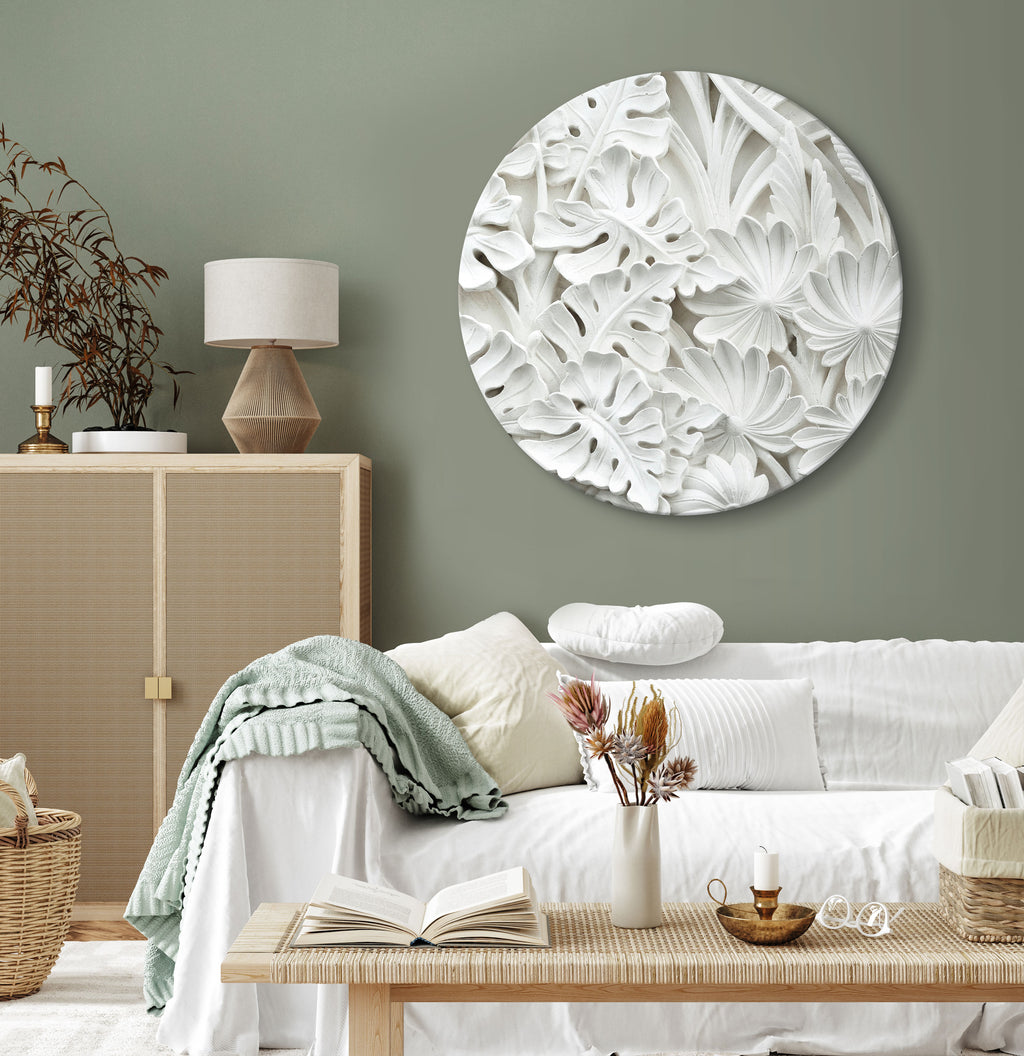 White Leaf Stone Pattern Round Canvas Print