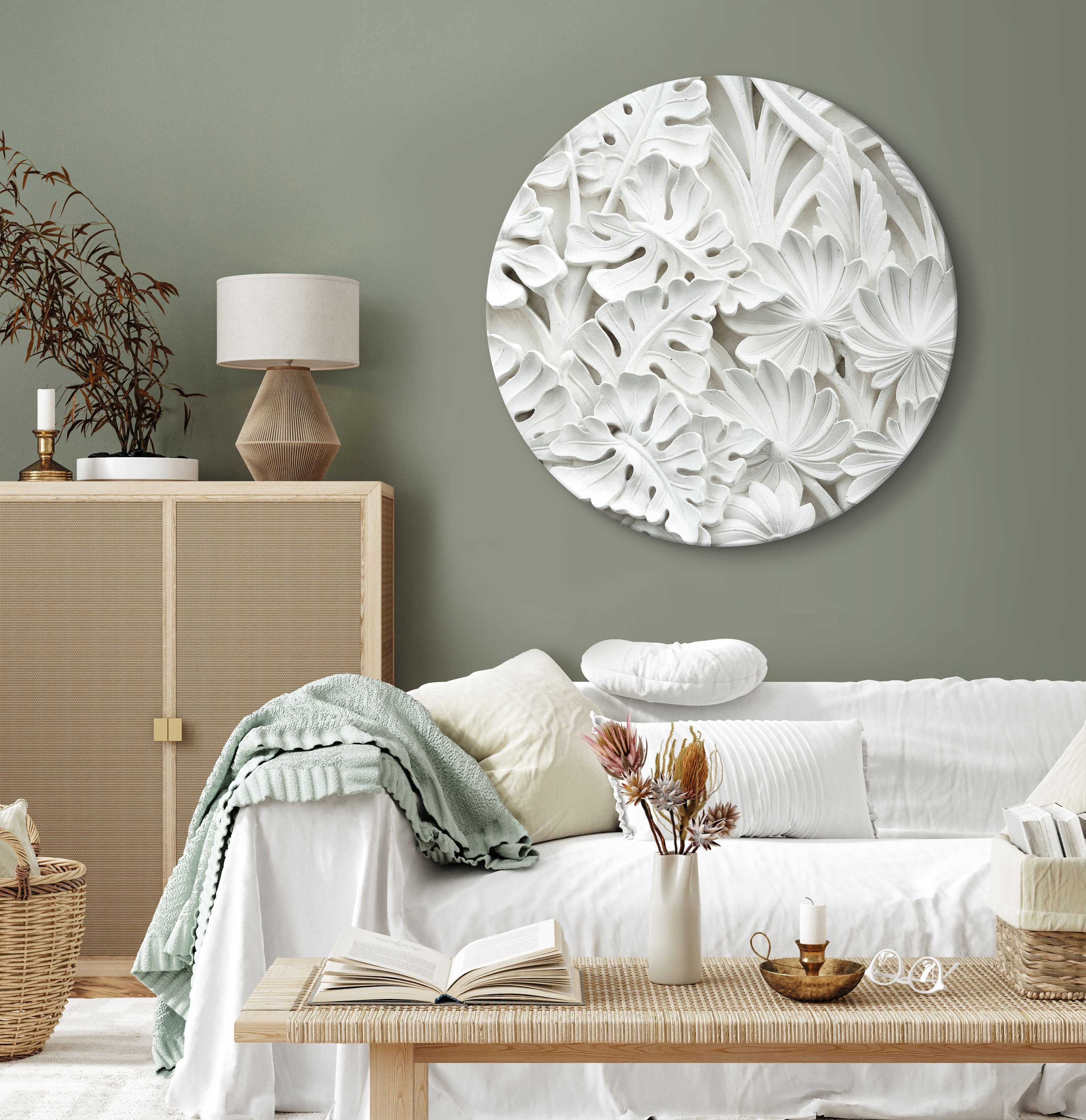 White Leaf Stone Pattern Round Canvas Print