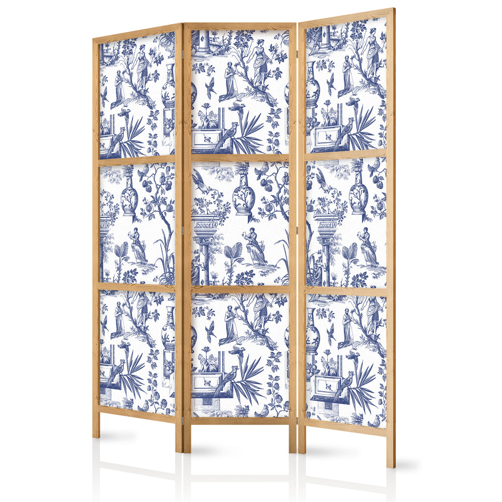 Japanese Room Divider - Abstract 3-Panel Screen in Blue