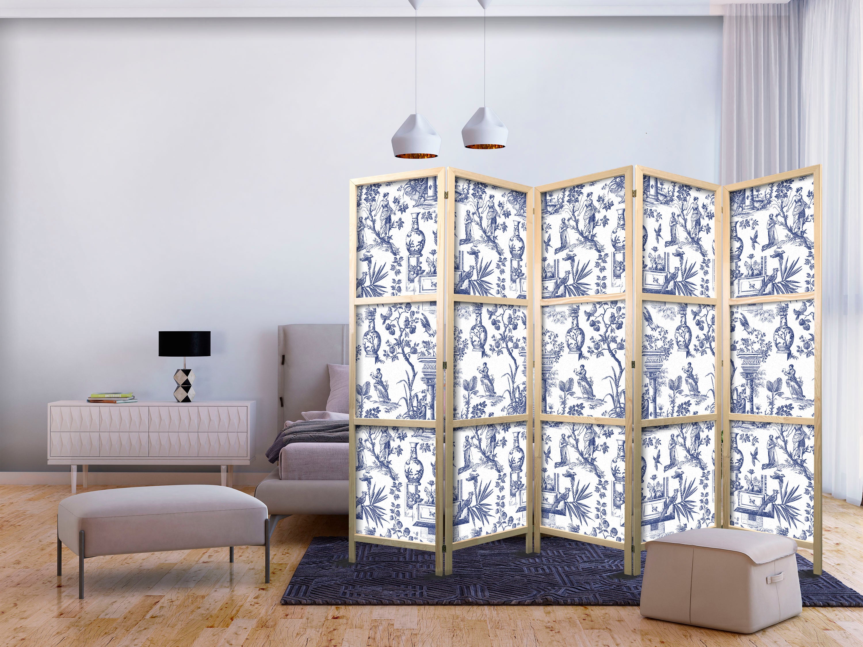 Japanese Room Divider - Blue Pattern with Greek & Plant Motif