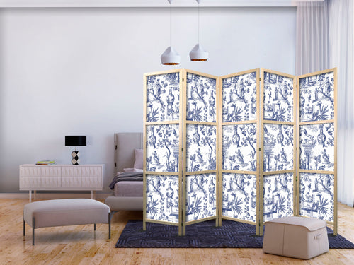 Blue Greek Botanical Abstract 5-Panel Japanese Room Divider