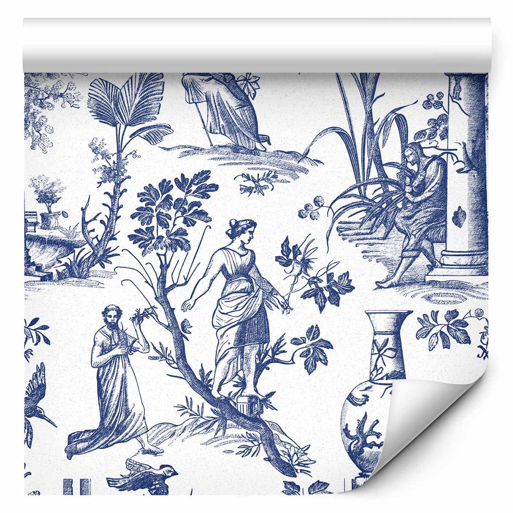 Blue Antique Greek Botanical Pattern Wallpaper