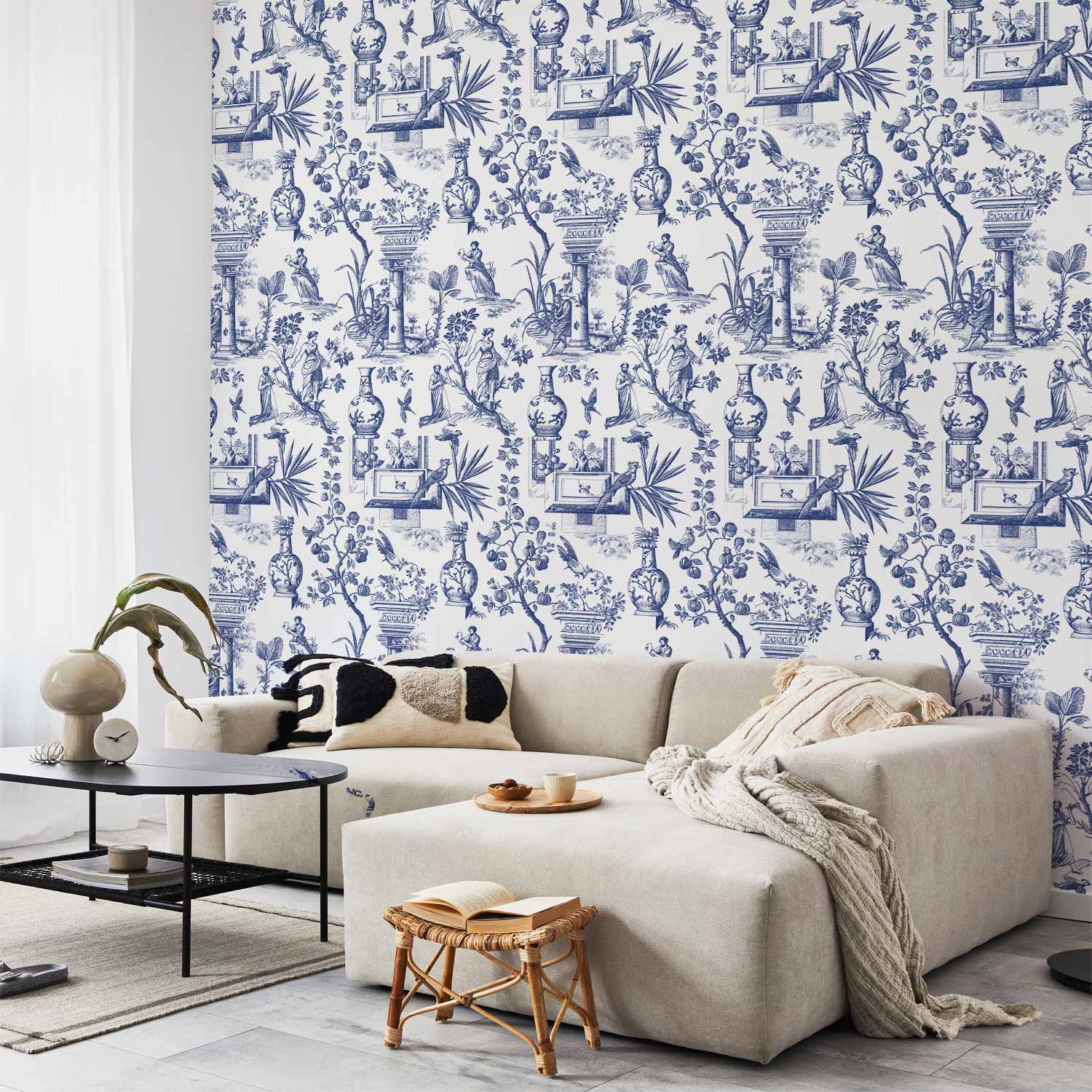 Blue Antique Greek Botanical Pattern Wallpaper