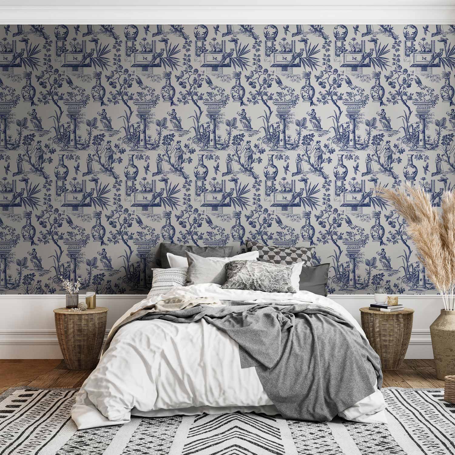 Blue Antique Greek Botanical Pattern Wallpaper