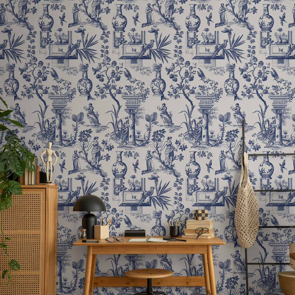 Blue Antique Greek Botanical Pattern Wallpaper