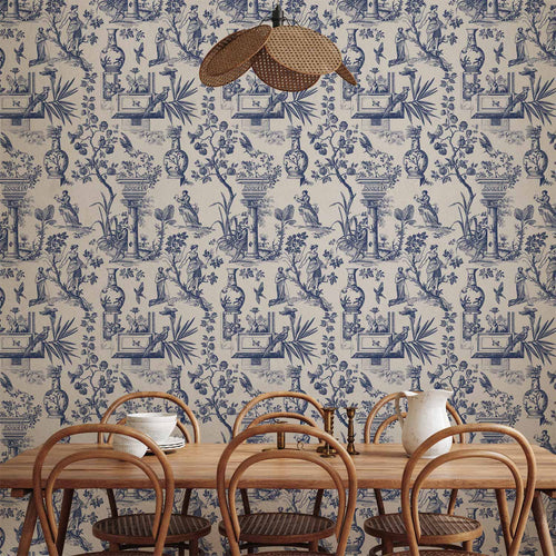 Blue Antique Greek Botanical Pattern Wallpaper
