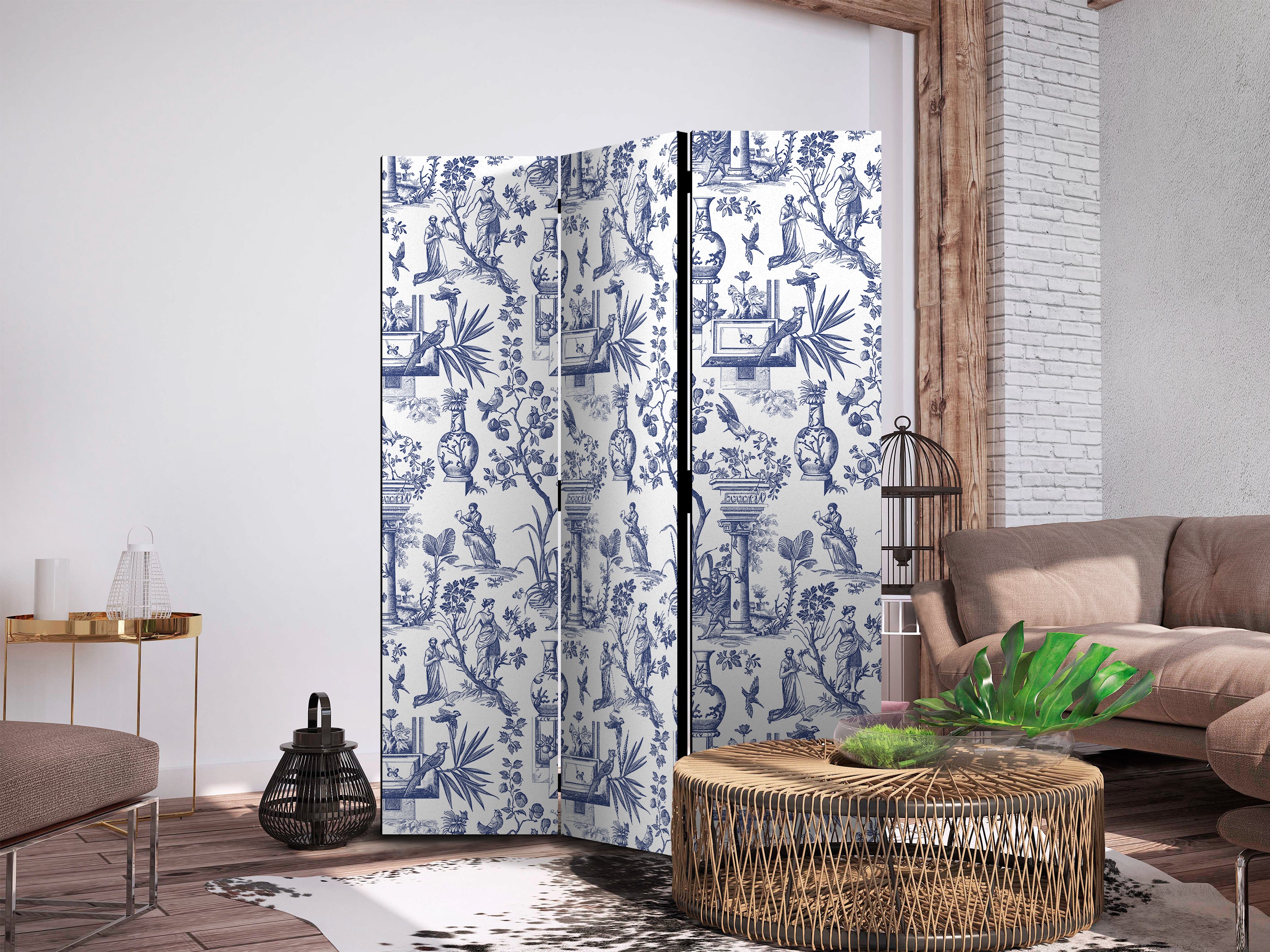 Room Divider - Rome and Botany - Blue Pattern with a Greek and Plant Motif