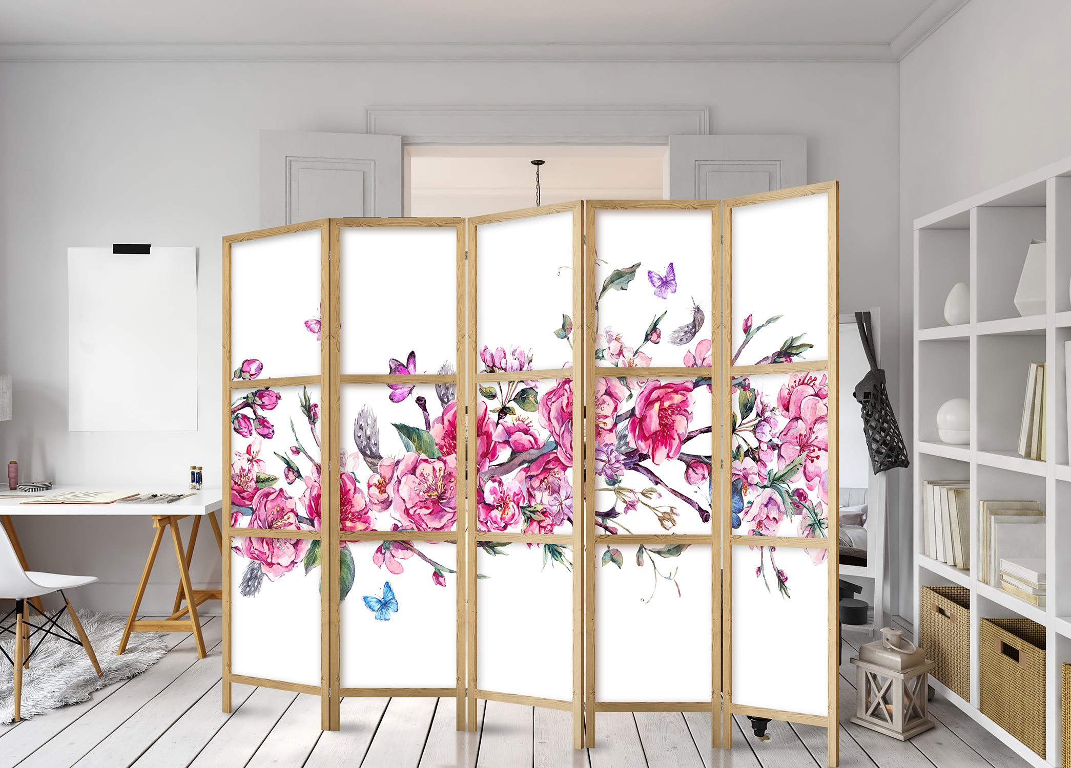 Flowers and Butterflies Romantic 5-Panel Japanese Room Divider