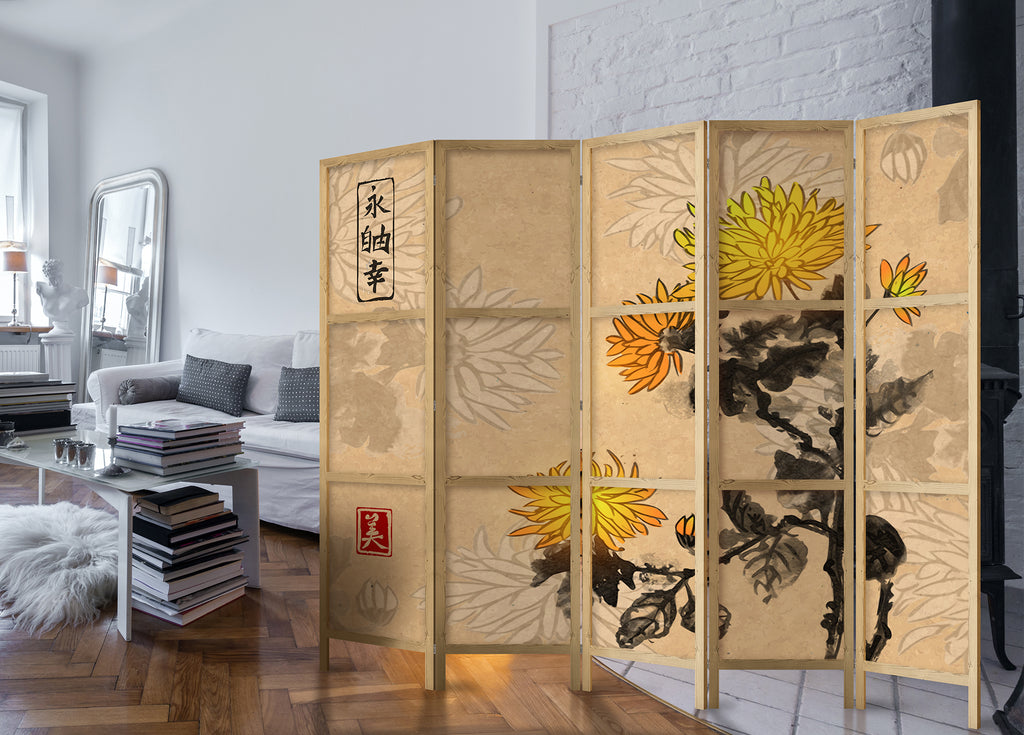Chrysanthemums Floral 5-Panel Japanese Room Divider