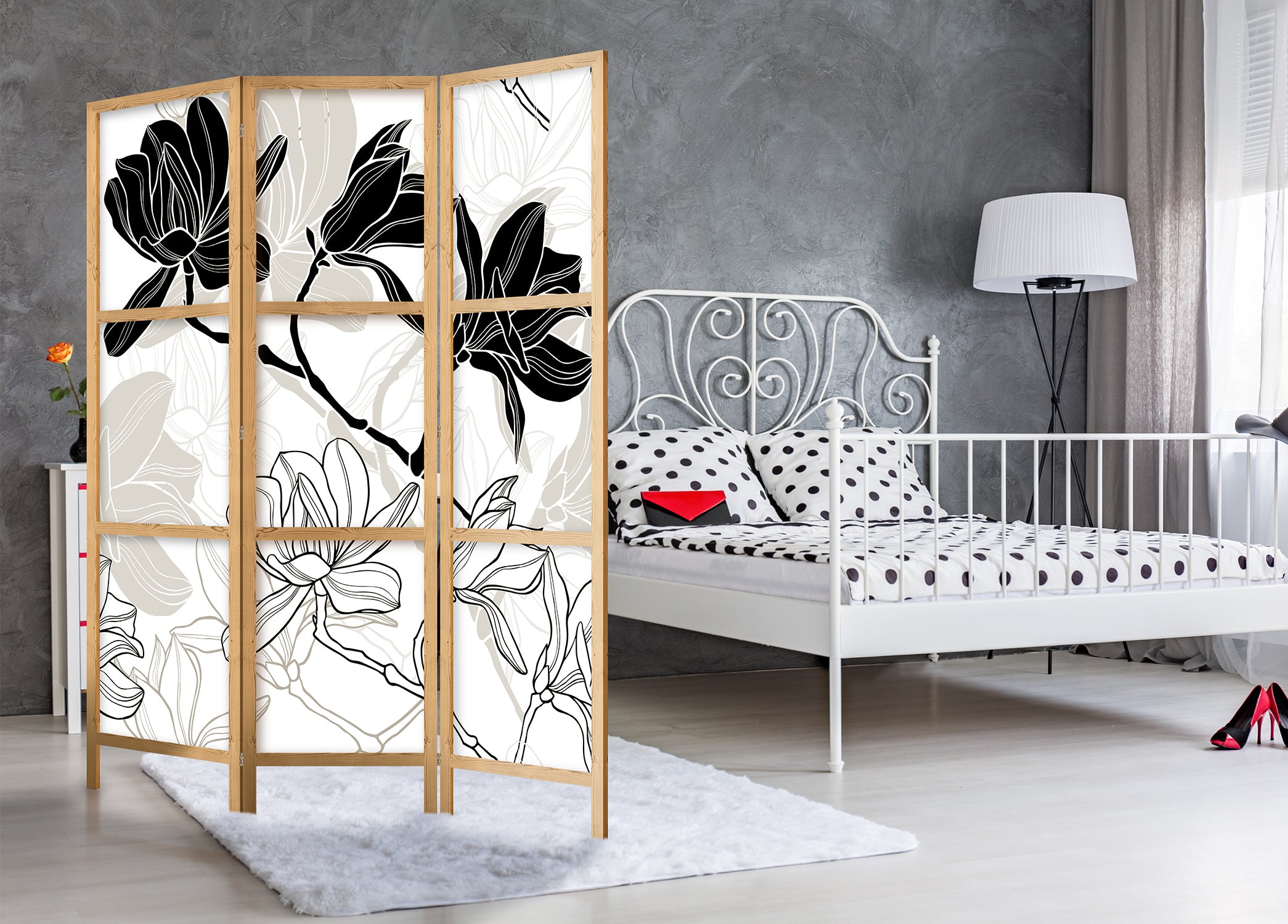 Black and White Flowers 3-Panel Japanese Room Divider
