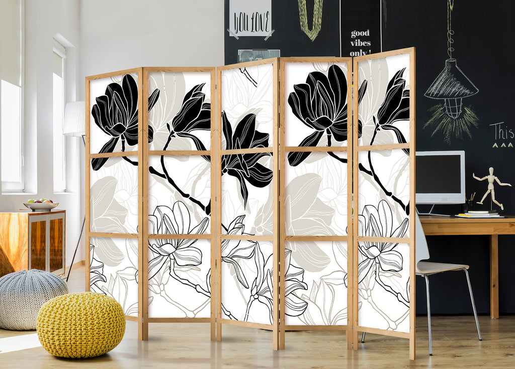 Black and White Flowers 5-Panel Japanese Room Divider