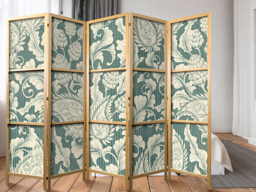 Sage Green Flourish Abstract 5-Panel Japanese Room Divider