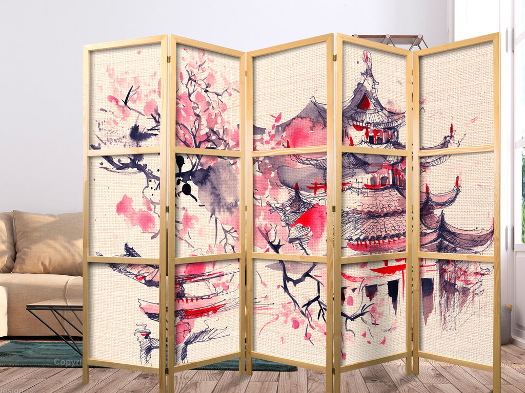 Temple Interior Serene 5-Panel Japanese Room Divider