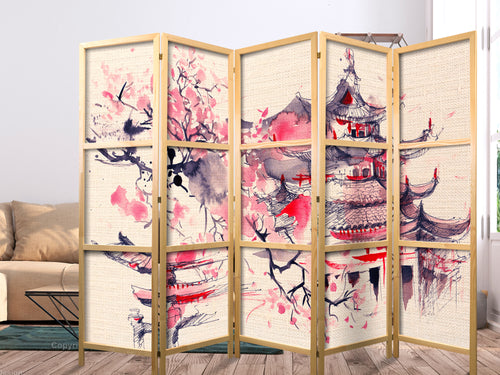Temple Interior Serene 5-Panel Japanese Room Divider