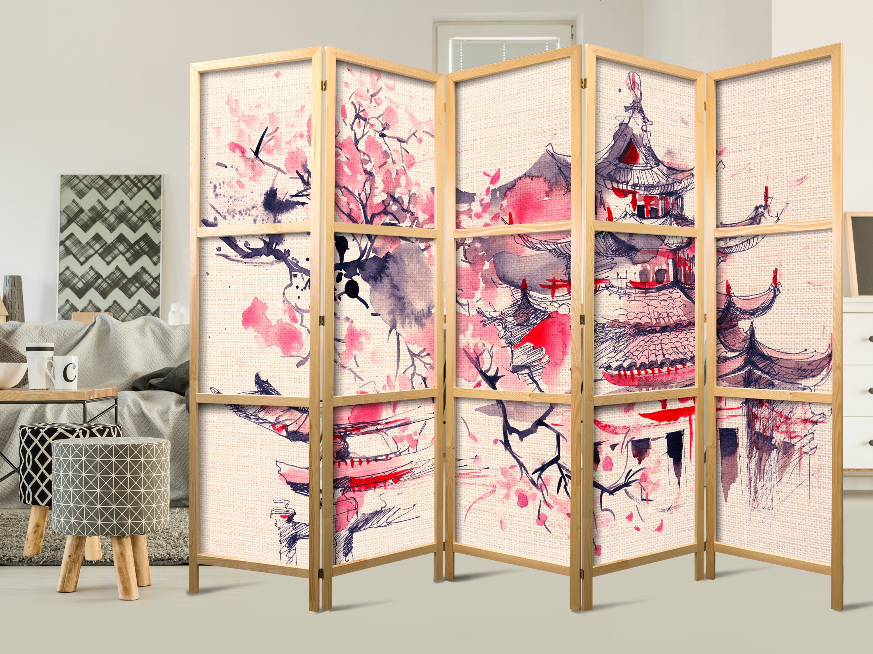Temple Interior Serene 5-Panel Japanese Room Divider