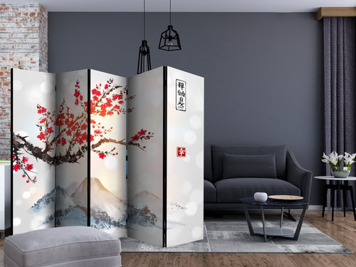 Mount Fuji Floral Landscape 5-Panel Japanese Room Divider