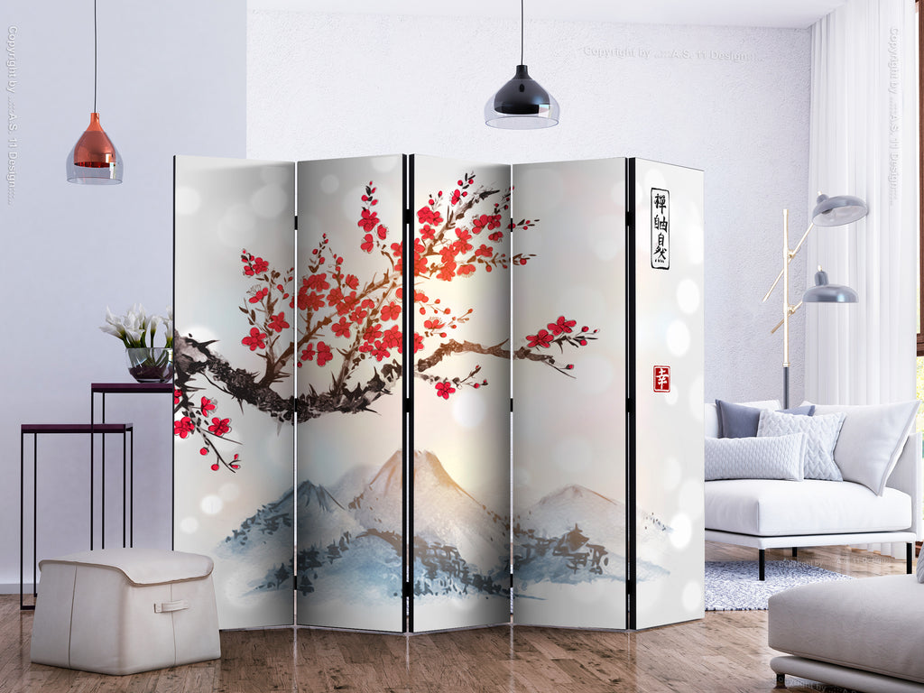 Mount Fuji Floral Landscape 5-Panel Japanese Room Divider