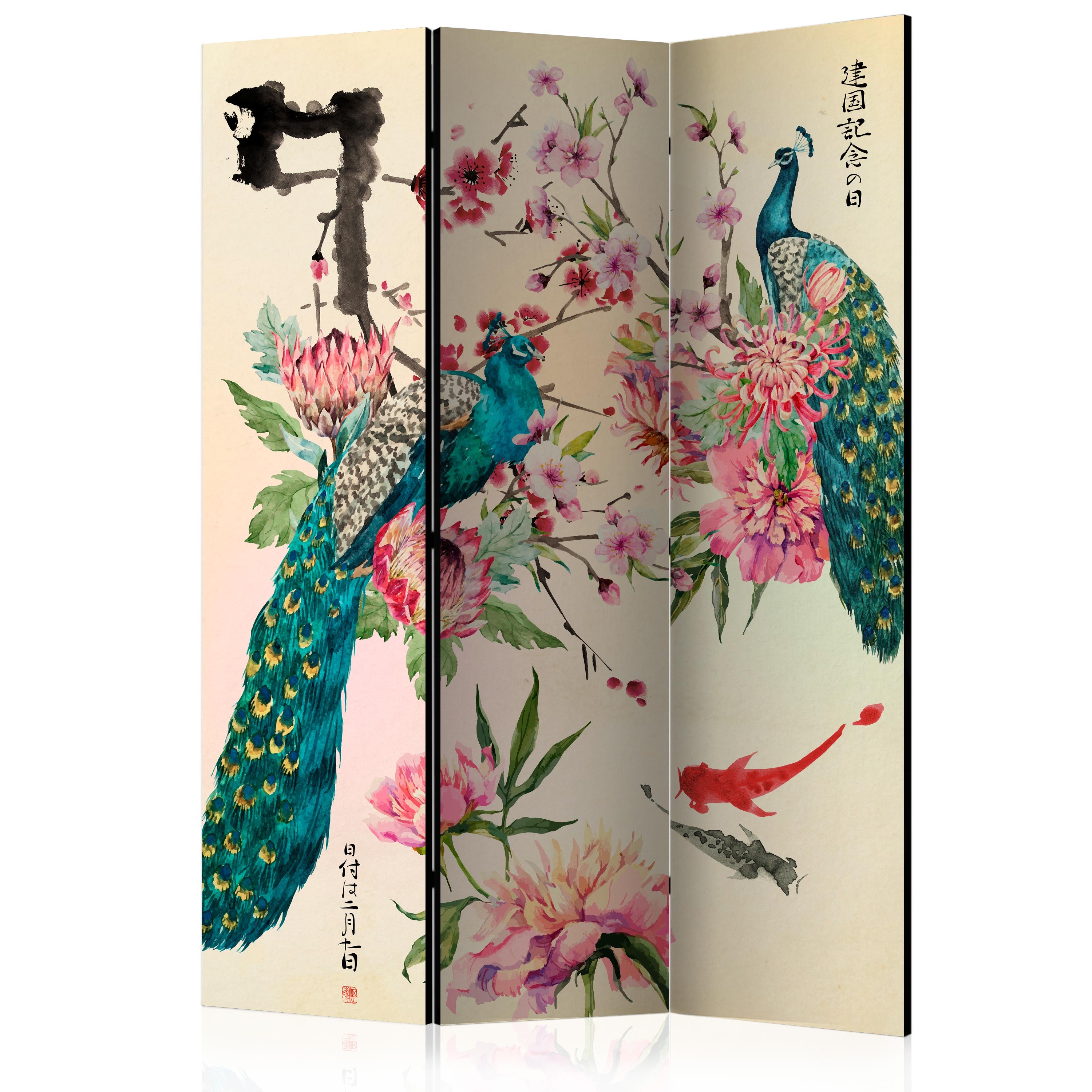 Peacock Love Zen 3-Panel Japanese Room Divider