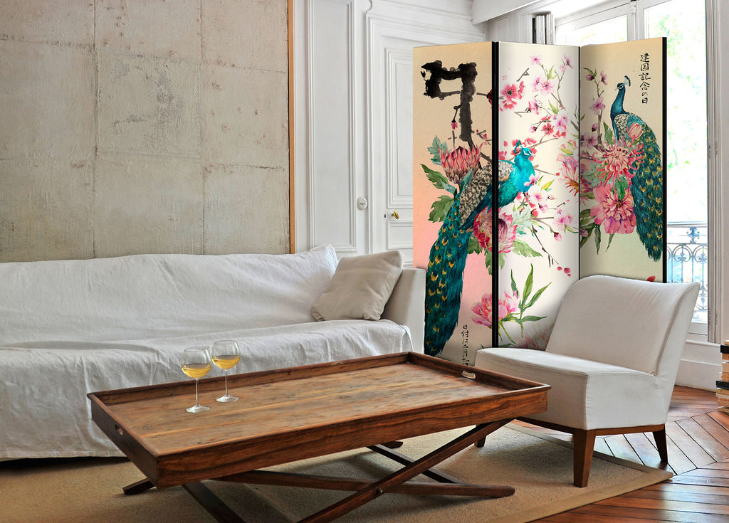 Peacock Love Zen 3-Panel Japanese Room Divider