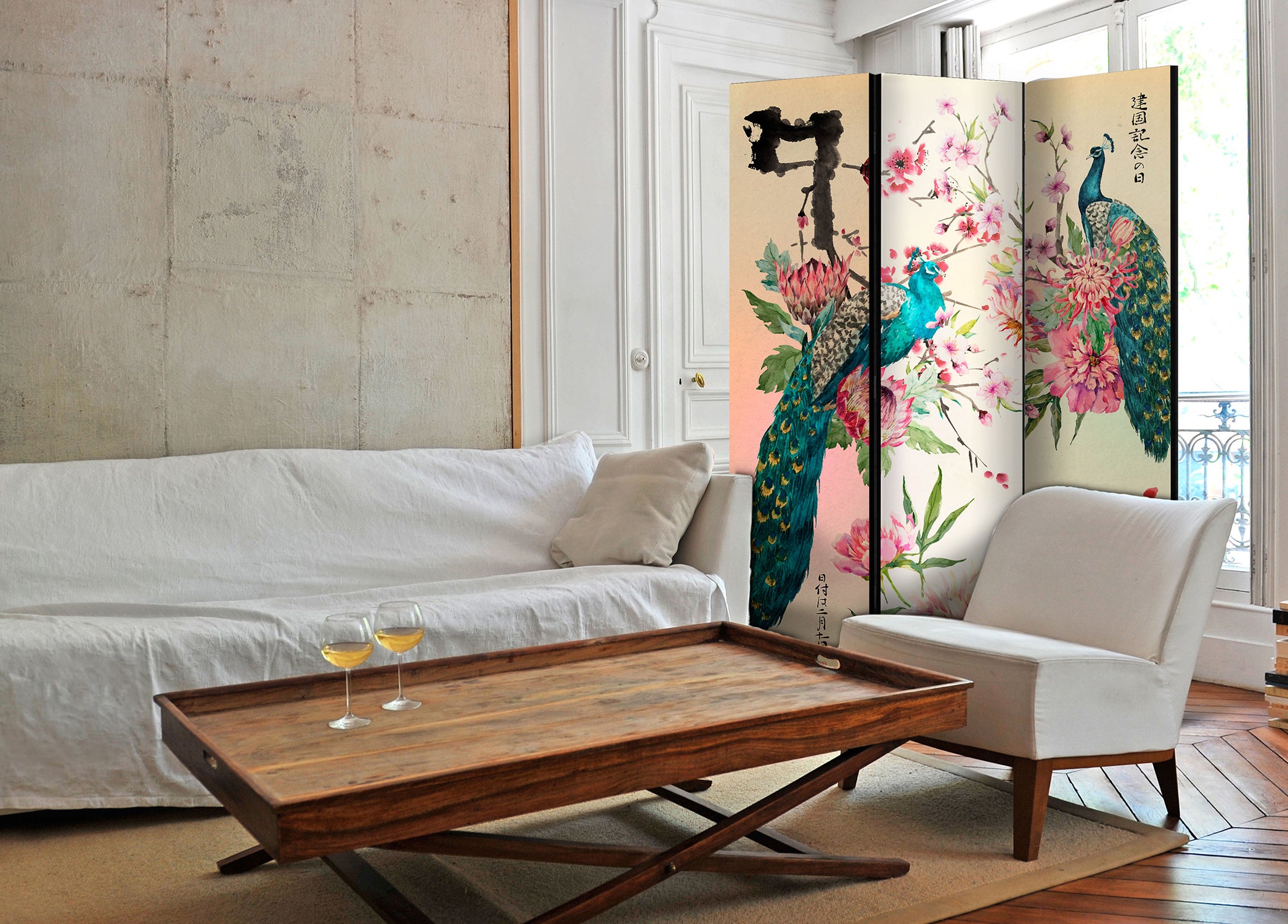 Peacock Love Zen 3-Panel Japanese Room Divider