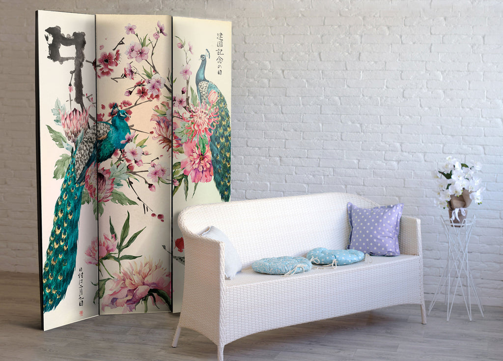 Peacock Love Zen 3-Panel Japanese Room Divider